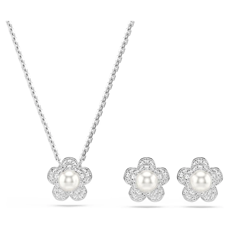 Ariana Grande x Swarovski set, Crystal pearl, Round cut, Flower, White, Rhodium plated by SWAROVSKI