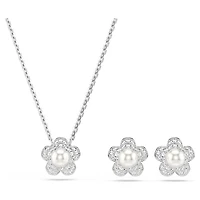 Ariana Grande x Swarovski set, Crystal pearl, Round cut, Flower, White, Rhodium plated by SWAROVSKI