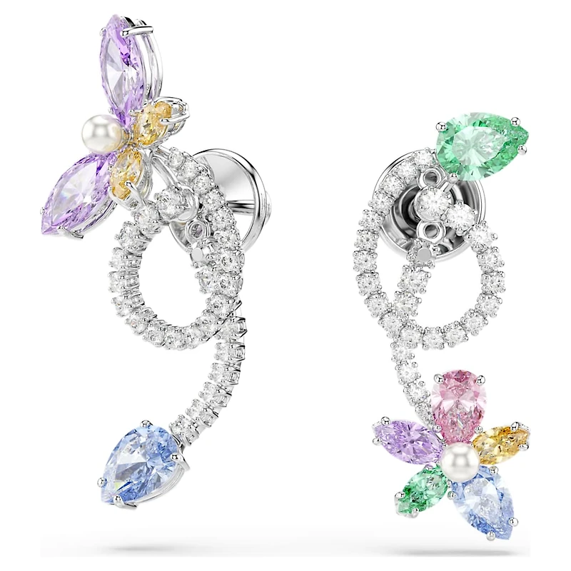 Ariana Grande x Swarovski drop earrings with ear jacket, Mixed cuts, Dragonfly, flower, Multicoloured, Rhodium plated by SWAROVSKI