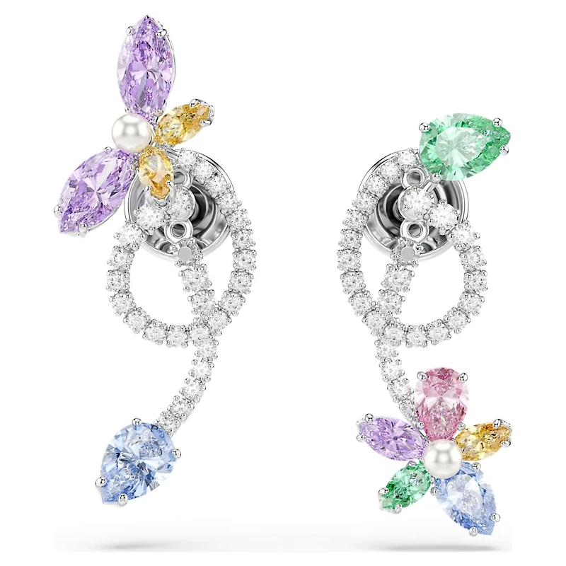 Ariana Grande x Swarovski drop earrings with ear jacket, Mixed cuts, Dragonfly, flower, Multicoloured, Rhodium plated by SWAROVSKI