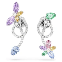 Ariana Grande x Swarovski drop earrings with ear jacket, Mixed cuts, Dragonfly, flower, Multicoloured, Rhodium plated by SWAROVSKI