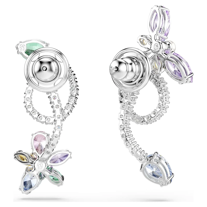 Ariana Grande x Swarovski drop earrings with ear jacket, Mixed cuts, Dragonfly, flower, Multicoloured, Rhodium plated by SWAROVSKI