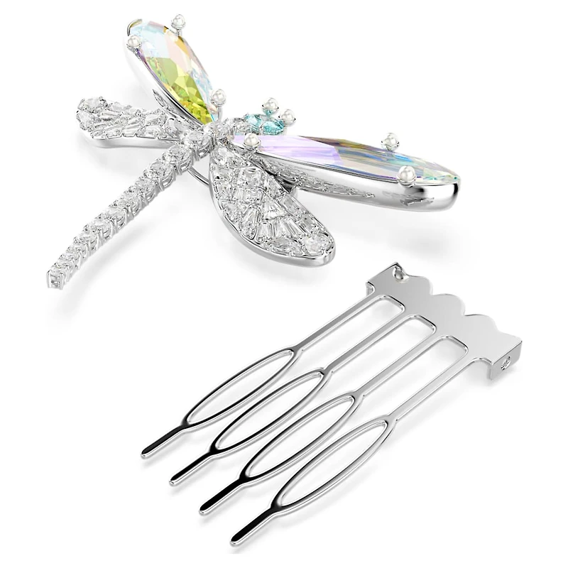 Ariana Grande x Swarovski brooch and hair accessory, Crystal Pearl, Mixed cuts, Dragonfly, White, Rhodium plated by SWAROVSKI