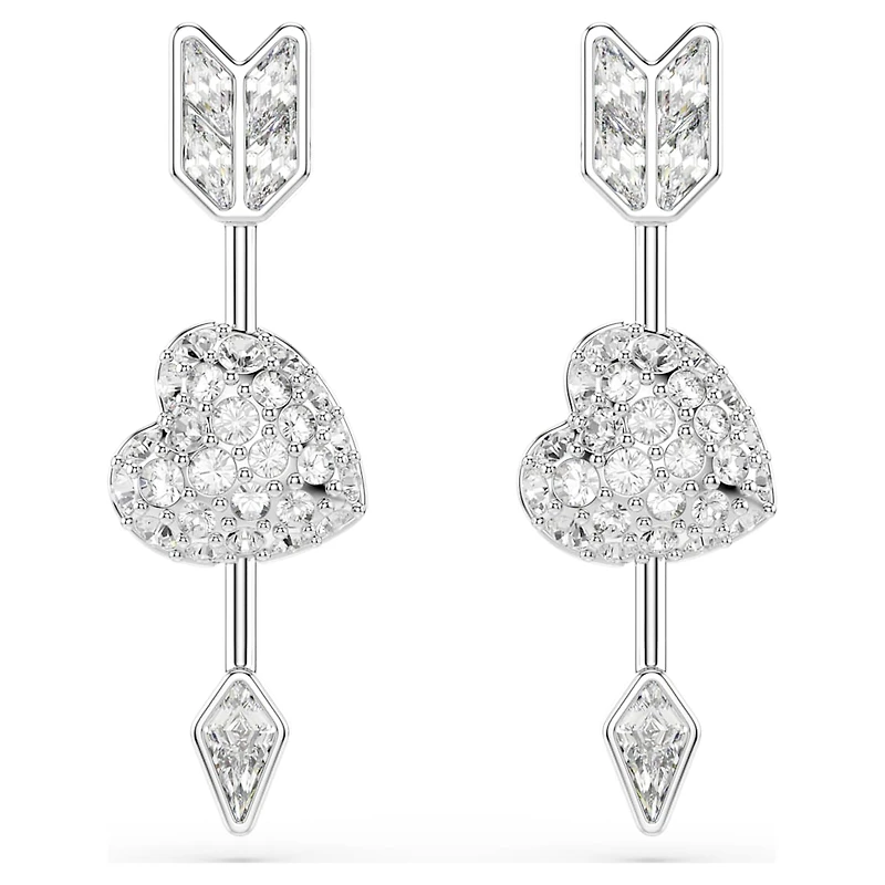 Idyllia drop earrings, Mixed cuts, Heart with arrow, White, Rhodium plated by SWAROVSKI
