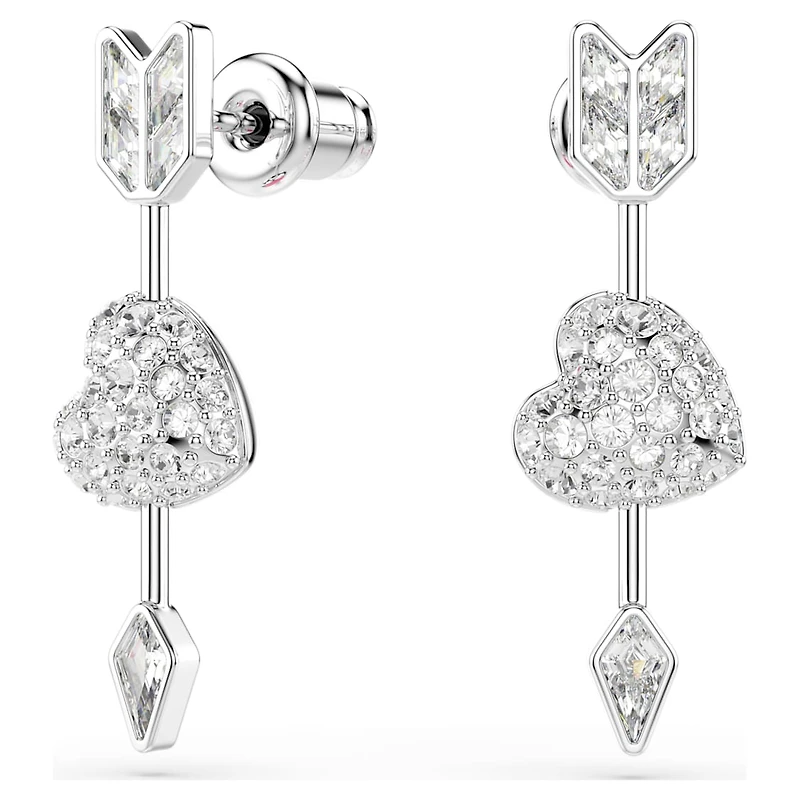 Idyllia drop earrings, Mixed cuts, Heart with arrow, White, Rhodium plated by SWAROVSKI