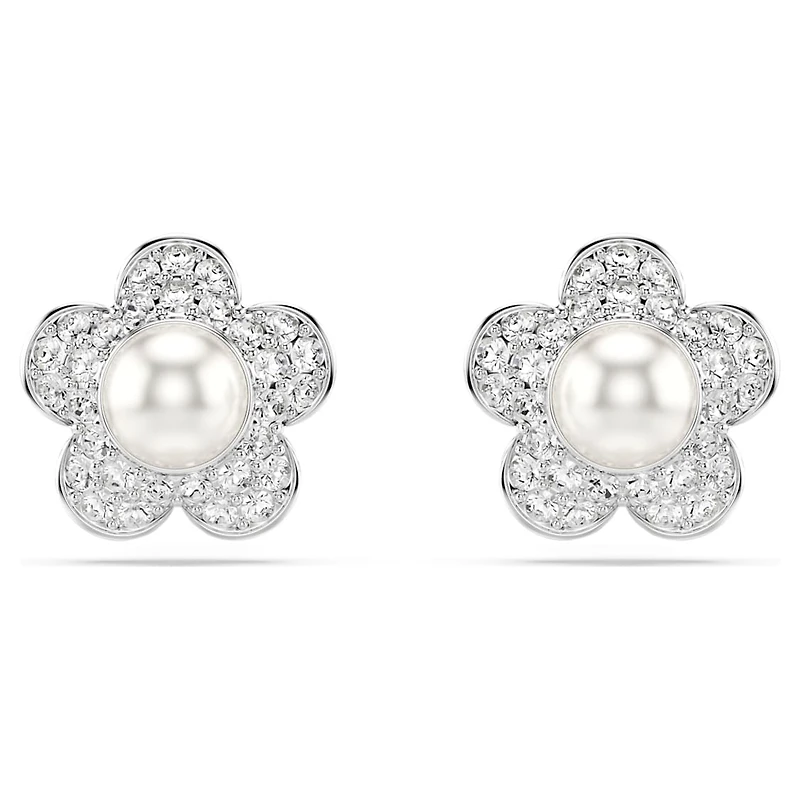 Ariana Grande x Swarovski stud earrings, Crystal pearl, Round cut, Flower, White, Rhodium plated by SWAROVSKI