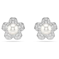 Ariana Grande x Swarovski stud earrings, Crystal pearl, Round cut, Flower, White, Rhodium plated by SWAROVSKI