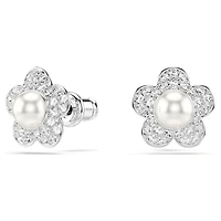Ariana Grande x Swarovski stud earrings, Crystal pearl, Round cut, Flower, White, Rhodium plated by SWAROVSKI