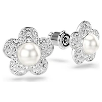 Ariana Grande x Swarovski stud earrings, Crystal Pearl, Round cut, Flower, White, Rhodium plated by SWAROVSKI