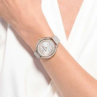Crystalline aura watch, Swiss Made, Leather strap, Grey, Rose gold-tone finish by SWAROVSKI