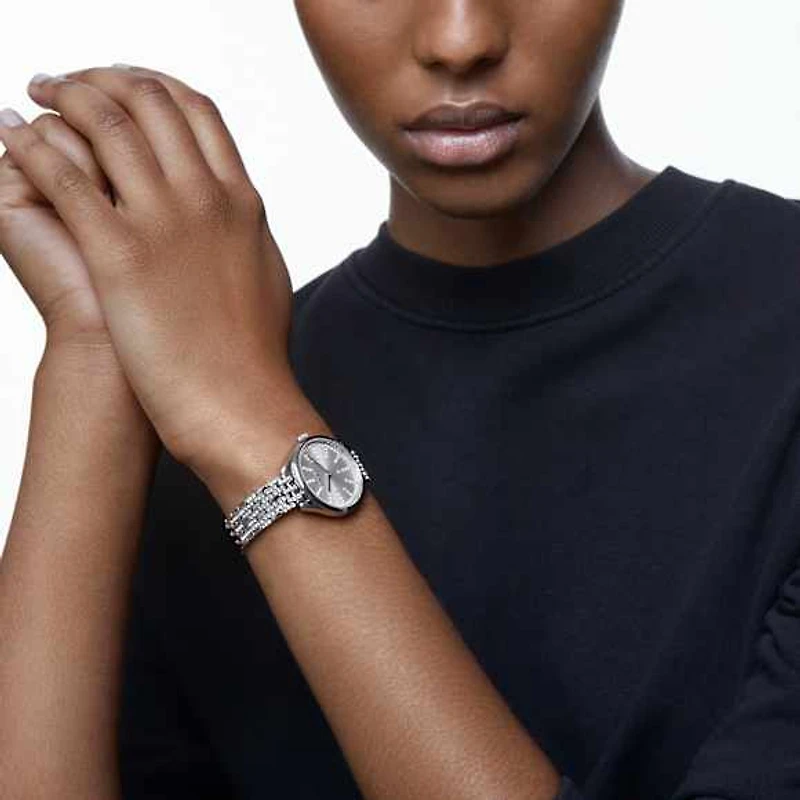 Attract watch, Swiss Made, Pavé, Metal bracelet, Silver tone, Stainless steel by SWAROVSKI