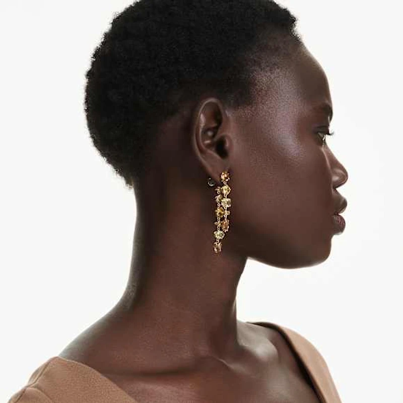 Gema drop earrings, Asymmetrical design, Mixed cuts, Long, Yellow, Gold-tone plated by SWAROVSKI