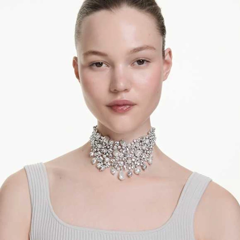 Constella choker, Crystal pearl, Round cut, White, Rhodium plated by SWAROVSKI