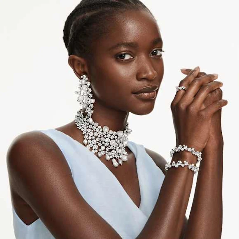 Constella choker, Crystal pearl, Round cut, White, Rhodium plated by SWAROVSKI