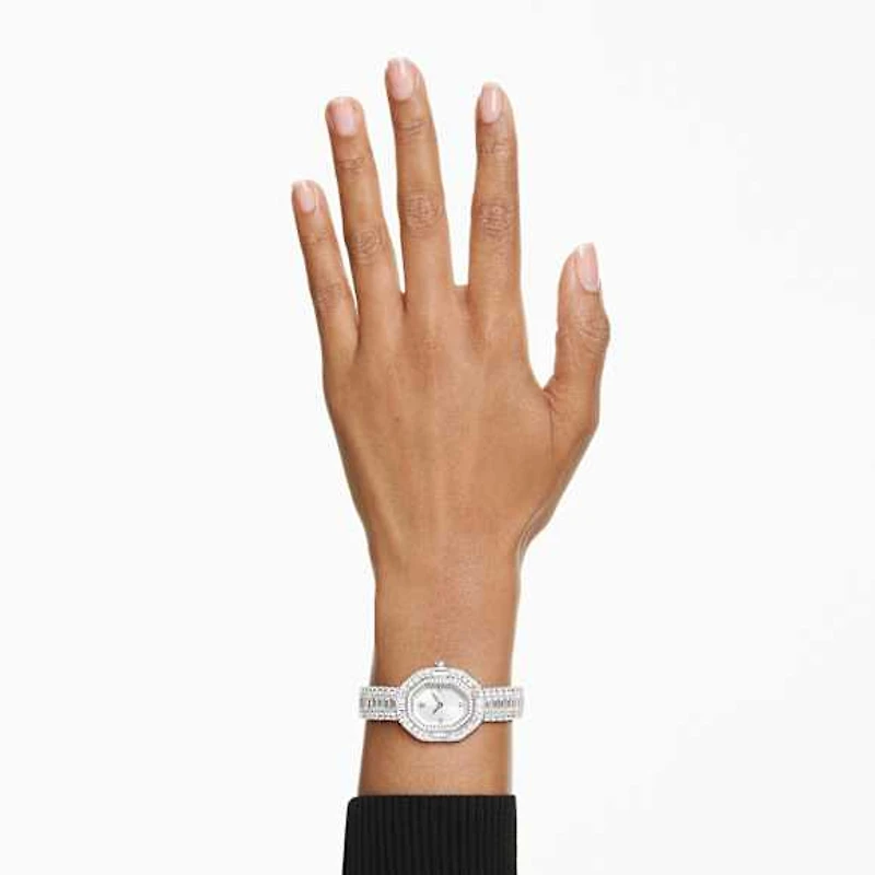 Matrix octagon watch, Baguette cut, Metal bracelet, Silver tone, Stainless steel by SWAROVSKI