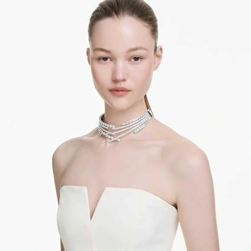 Matrix choker, Mixed cuts, White, Rhodium plated by SWAROVSKI
