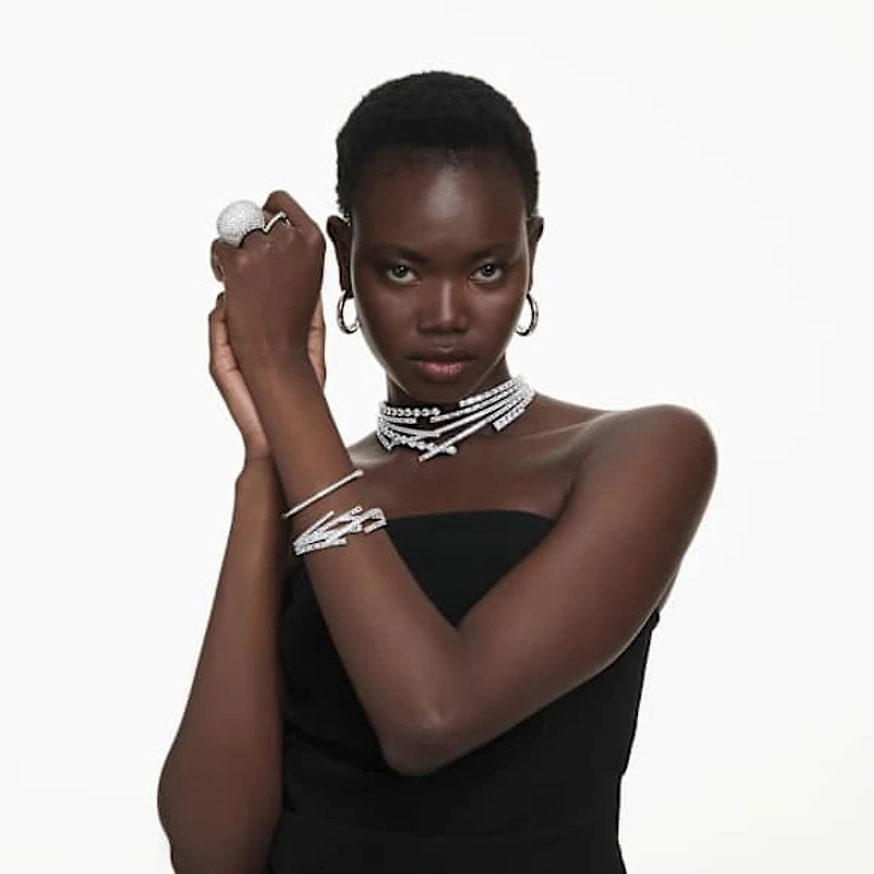 Matrix choker, Mixed cuts, White, Rhodium plated by SWAROVSKI