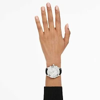 Dextera tachymetre watch, Swiss Made, Leather strap, Silver Tone, Stainless steel by SWAROVSKI