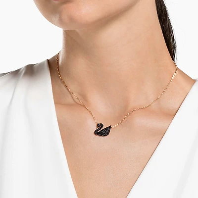 Swan pendant, Swan, Black, Rose gold-tone plated