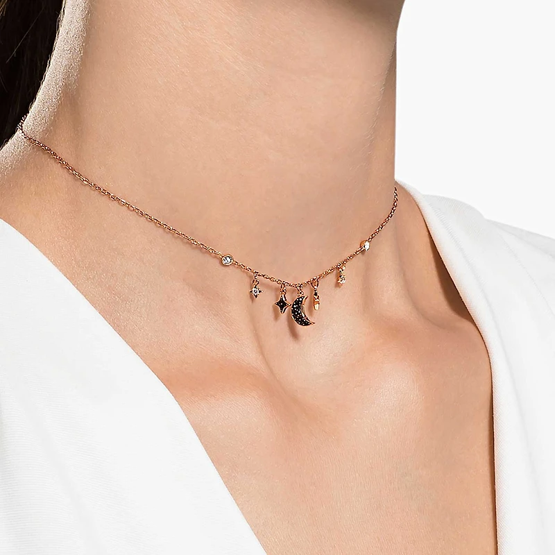 Symbolica necklace, Moon and star, Black, 18K rose gold finish