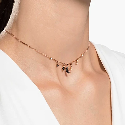 Symbolica necklace, Moon and star, Black, Rose gold-tone plated