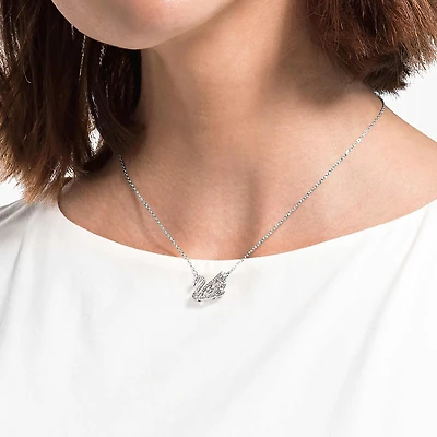 Swan necklace, Dancing swan, White, Rhodium plated
