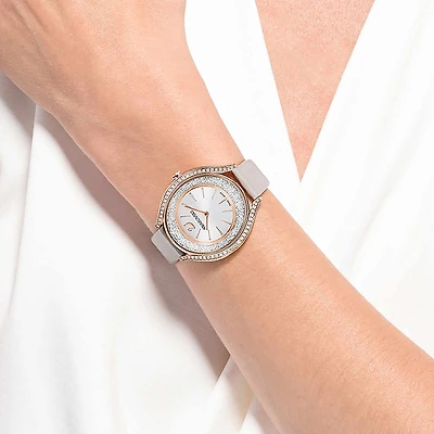 Crystalline aura watch, Swiss Made, Leather strap, Gray, Rose gold-tone finish