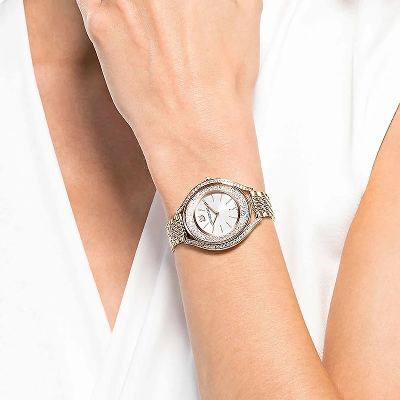 Crystalline aura watch, Swiss Made, Metal bracelet, Gold tone, Champagne gold-tone finish by SWAROVSKI