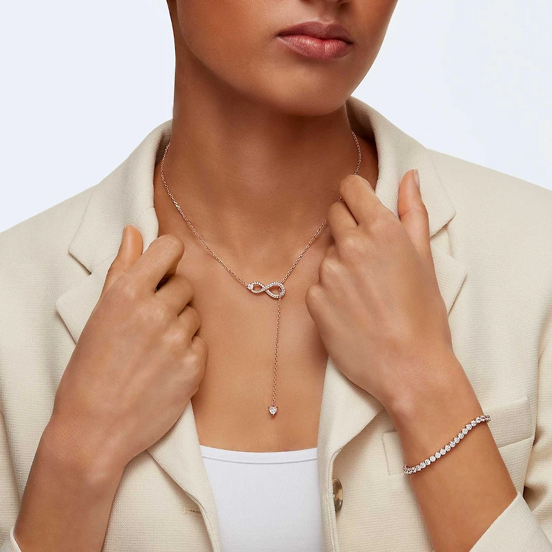 Hyperbola Y necklace, Infinity, White, 18K rose gold finish
