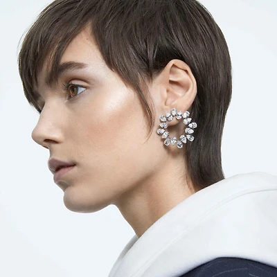 Matrix hoop earrings, Pear cut, White, Rhodium plated