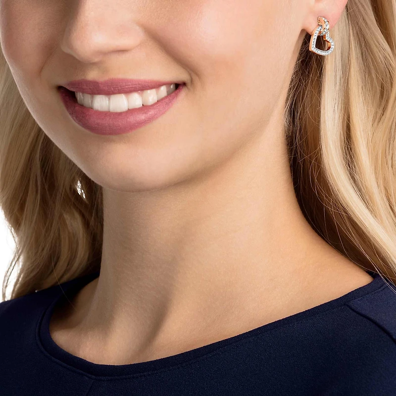 Lovely stud earrings, Heart, White, 18K rose gold finish