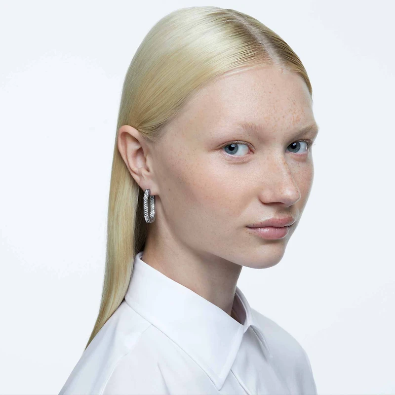 Dextera hoop earrings, Octagon shape, Medium, White, Rhodium plated by SWAROVSKI