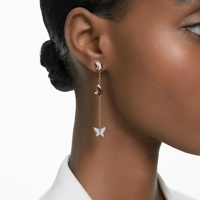 Idyllia Lilia drop earrings, Butterfly, Long, White, 18K rose gold finish
