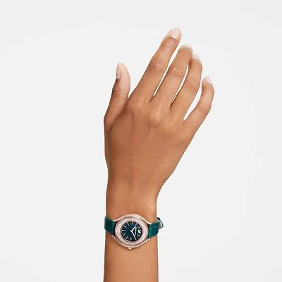 Crystalline aura watch, Swiss Made, Leather strap, Green, Rose gold-tone finish