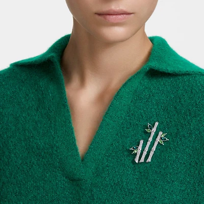 Dellium brooch, Bamboo, Green, Rhodium plated
