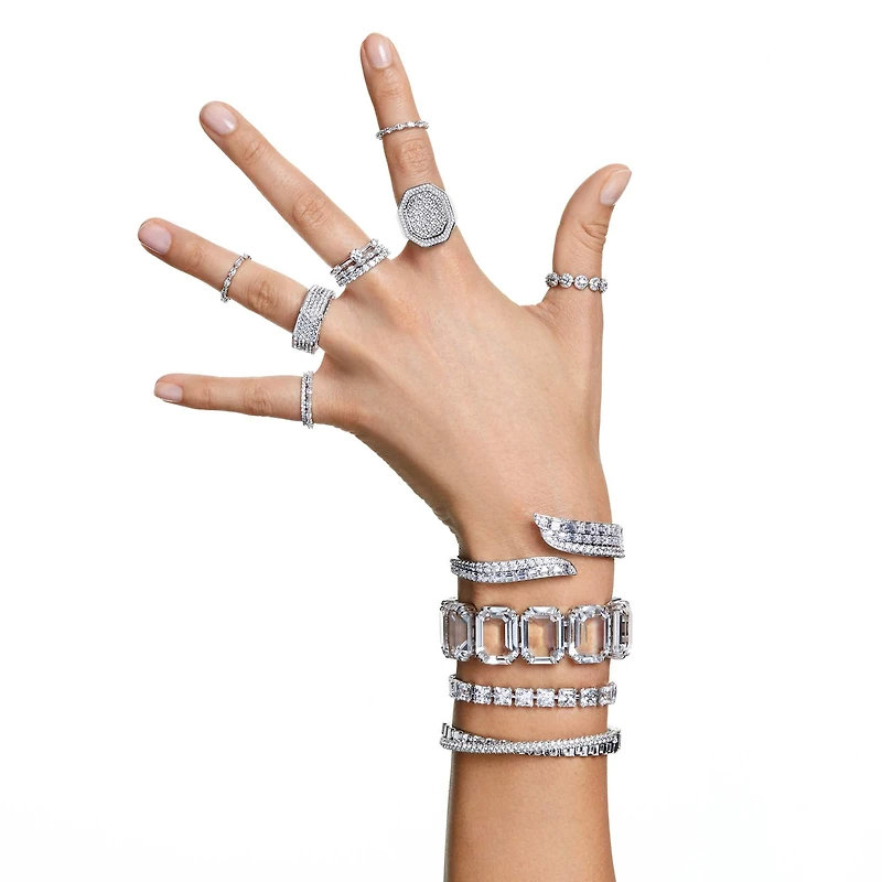 Dextera cocktail ring, Octagon shape, Pavé, White, Rhodium plated by SWAROVSKI