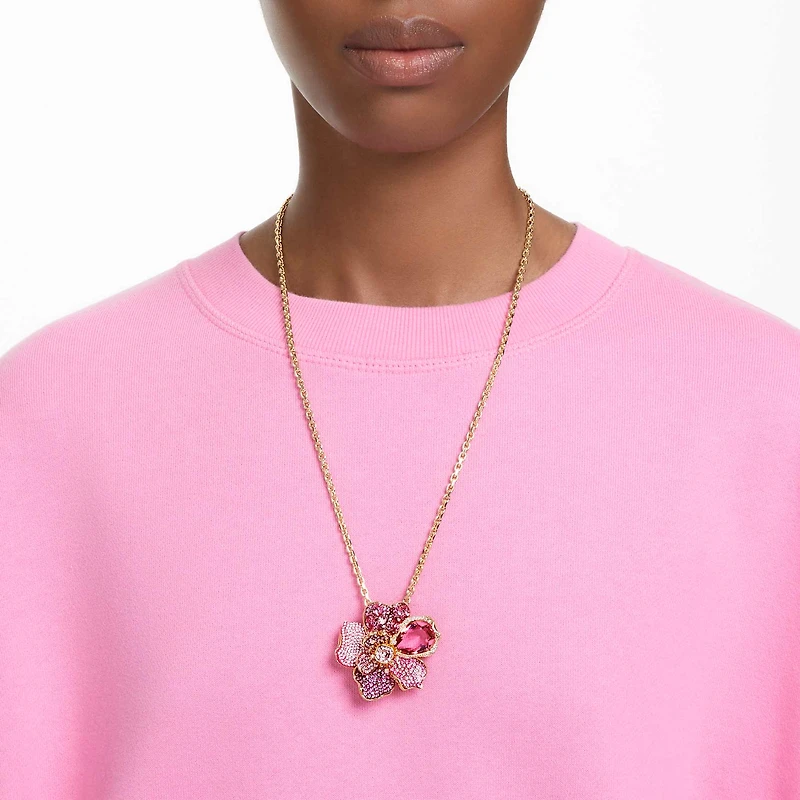 Idyllia pendant and brooch, Pavé, Flower, Pink, Gold-tone plated by SWAROVSKI