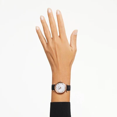 Crystalline wonder watch, Swiss Made, Leather strap, Black, Rose gold-tone finish