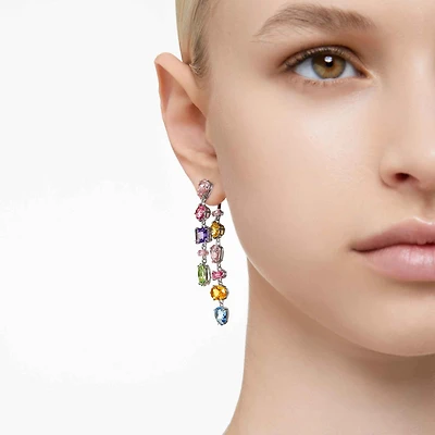 Gema drop earrings, Asymmetrical design, Mixed cuts, Long, Multicoloured, Rhodium plated