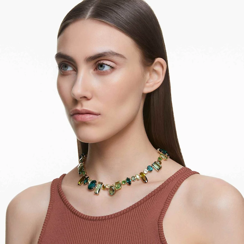 Gema necklace, Mixed cuts, Green, Gold-tone plated by SWAROVSKI