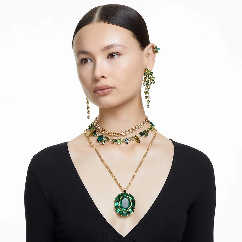 Gema necklace, Mixed cuts, Green, 18K gold finish