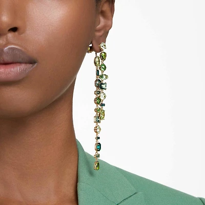 Gema drop earrings, Asymmetrical design, Mixed cuts, Extra long, Green, Gold-tone plated