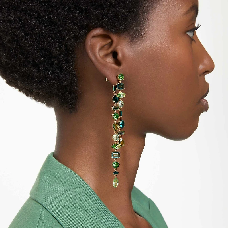 Gema drop earrings, Asymmetrical design, Mixed cuts, Extra long, Green, 18K gold finish