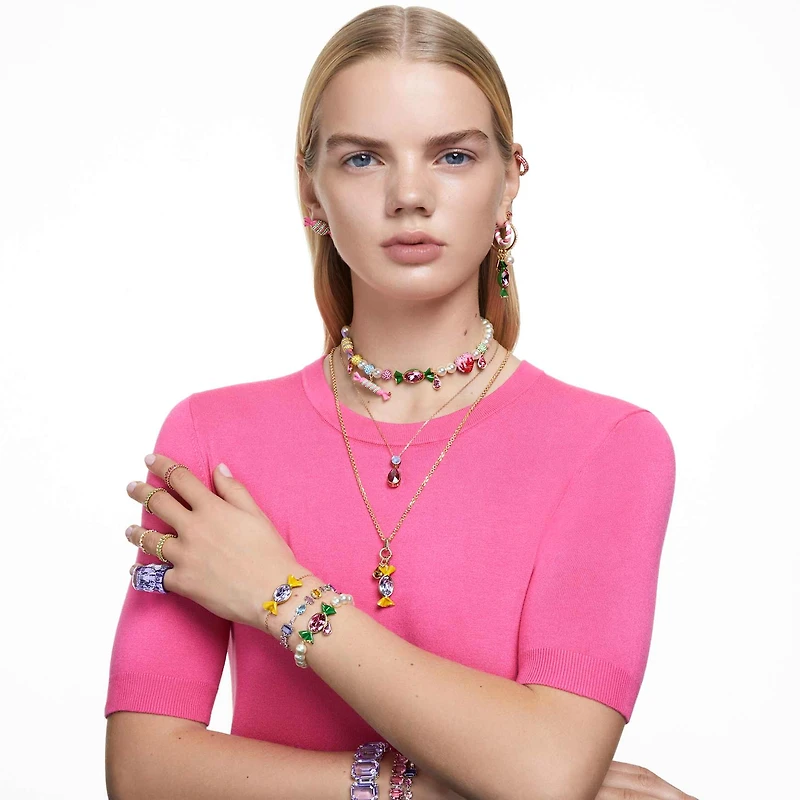 Matrix hoop earrings, Baguette cut, Pink, Rose gold-tone plated by SWAROVSKI