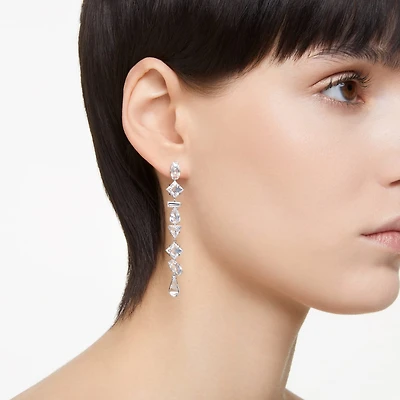 Mesmera drop earrings, Asymmetrical design, Mixed cuts, Long, White, Rhodium plated