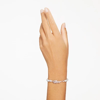 Nice bracelet, Crystal pearl, Feather, White, Rose gold-tone plated