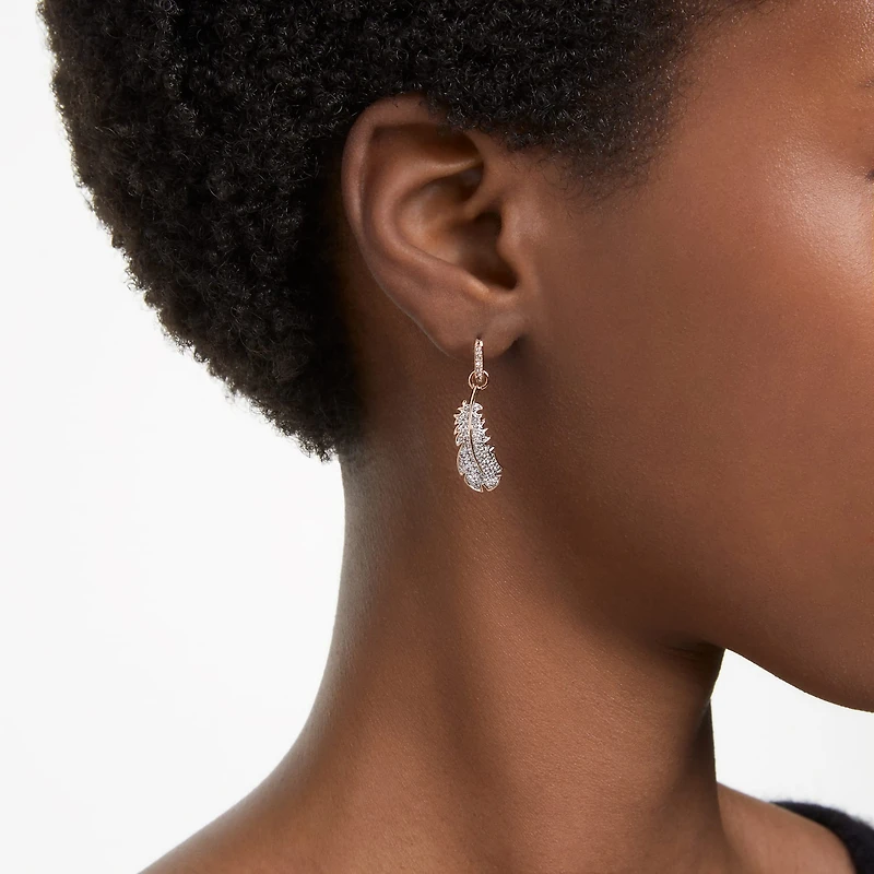 Nice drop earrings, Feather, White, Rose gold-tone plated by SWAROVSKI
