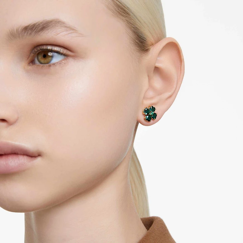 Idyllia stud earrings, Clover, Green, 18K gold finish