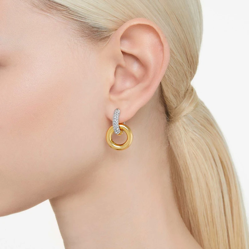 Dextera hoop earrings, Asymmetrical design, Interlocking loop, White, 18K gold finish