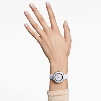 Crystalline lustre watch, Swiss Made, Leather strap, White, Stainless steel